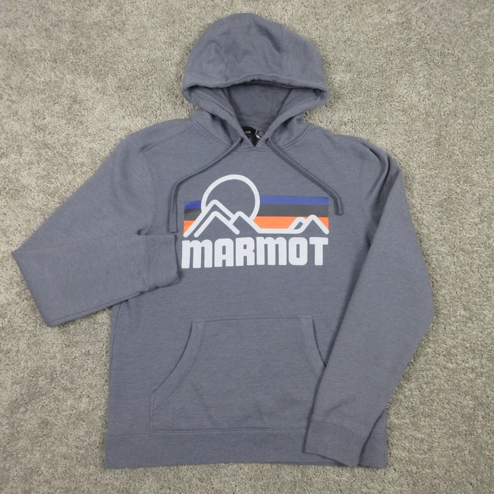 Marmot Sweater Mens Medium Blue Fleece Graphic Mountain Hiking Hoodie Sweatshirt